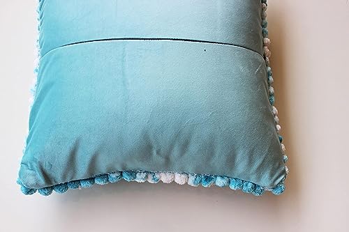 Image of Monstera Hut Boho POM POM Baby Blue Cushion Cover Pack of 1, (Cushion Cover 16x16inch) (40.6 x 40.6 cm)