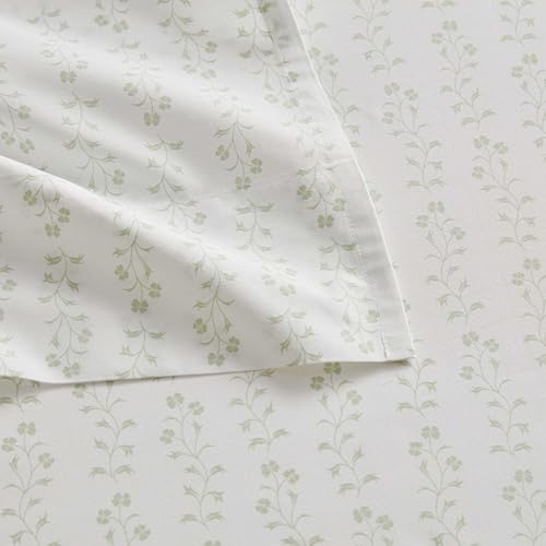 Image of Martha Stewart - King Size Sheets Set, Crisp & Tailored Cooling Sheets w /a Naturally Smooth Cotton Percale Lightweight Feel - Bed Sheets with Matching Pillowcases & Fitted Sheet (Ditsy Vine Green)
