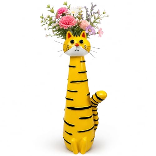 Image of Yellow Cat Resin Vase, Cute Cartoon Cat Shaped Flower Vase, Small Vase for Fresh Dried Flowers, Garden Decoration, Home Decoration Desktop Ornament, Office Table Decor, Unique Gift for Cat Lovers