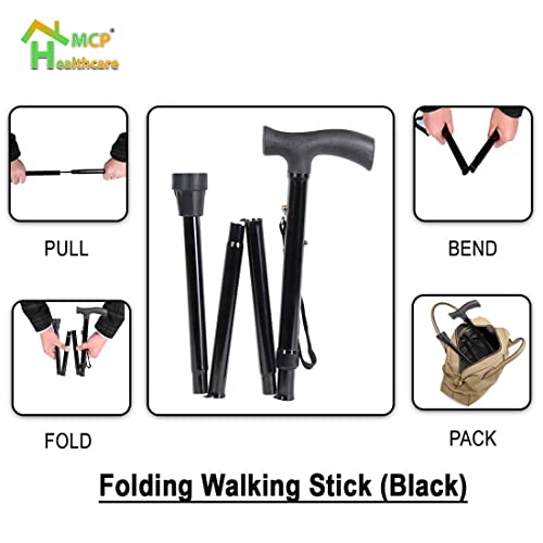 Image of MCP Healthcare 4 Folding Sections Aluminium Foldable Walking Stick Adjustible Height, for Men, Women & Old People Support, Trekking Cane Stick, Easy to Store (Black)