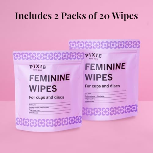 Image of Pixie Feminine Wipes - Flushable, Biodegradable, & Ph Balanced - Individually Wrapped Packet Wipes for On The Go & Public Bathrooms - Wash & Cleaner For Your Menstrual Cups & Discs (2 Packs of 20)