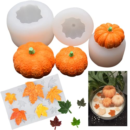 pekifaves 4 peças moldes de resina de abóbora e folha de ácer, moldes de silicone 3D para velas, outono, Halloween, obrigado, moldes de fundição para velas, sabonetes, trabalhos manuais