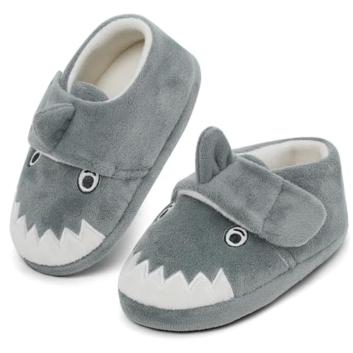 Image of LACOFIA Toddler Boys Girls Slippers Warm Cosy Kids House Shoes Non-Slip Winter Children Plush Slippers Grey Shark 5/6 UK Child
