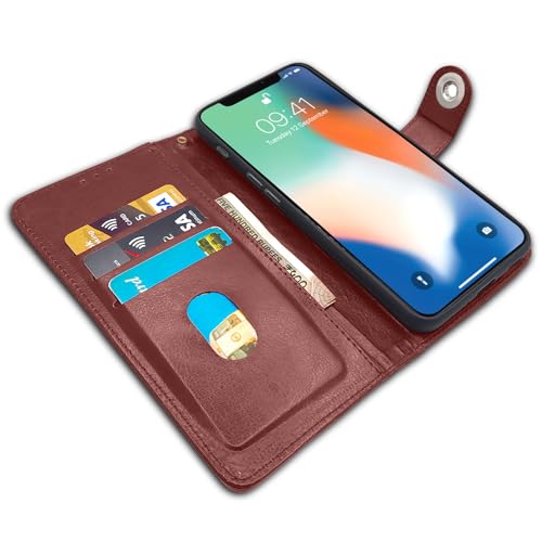 Image of Pikkme Flip Cover Leather Finish | Inside TPU with Card Pockets | Wallet Stand and Shock Proof | Complete Protection Button Flip Case iPhone X /Xs (Brown)