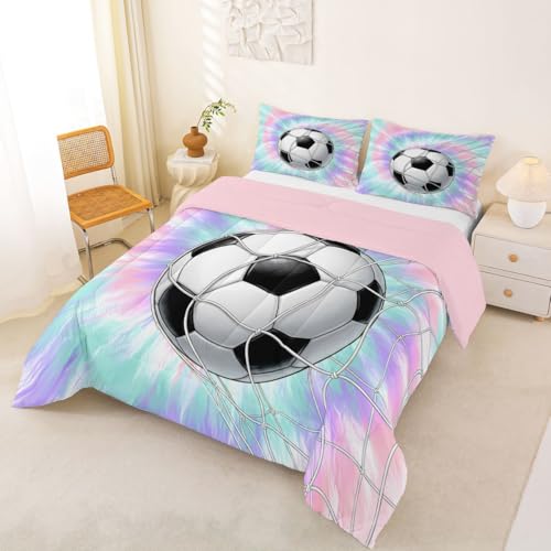 Image of Feelyou Football Comforter Set Full Size Soccer Bedding Set for Kids Boys Girls Watercolor Tie Dye Duvet Quilt Sports Bedroom Decor Microfiber 3 Pcs with 2 Pillow Cases