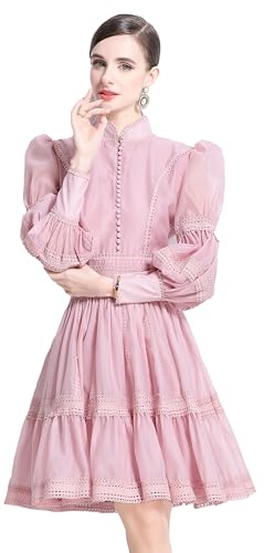 LAI MENG FIVE CATS Women's Puff Sleeves High Collar Hollow Mesh Pleat Layered Hem Solid Color Mini Dress