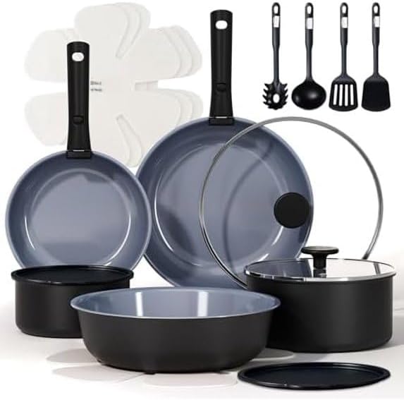 19-Piece Ceramic Cookware Set, Black and Gray, Non Stick Pots and Pans, Induction Compatible, Non Toxic Kitchen Cookware