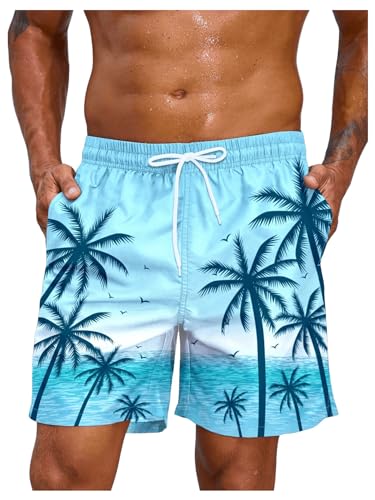 Floerns Men's Tropical Print Drawstring Swim Trunks Wide Leg Quick Dry Board Shorts with Pocket Light Blue Small