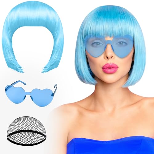 Image of PLULON Light Blue Bob Wig and Heart Sunglasses, Neon Funny Short Bob Wig with Bangs Colorful Hairpieces Fancy Dress Cosplay Costume Accessories for Women Bachelorette Halloween Christmas Party Favors