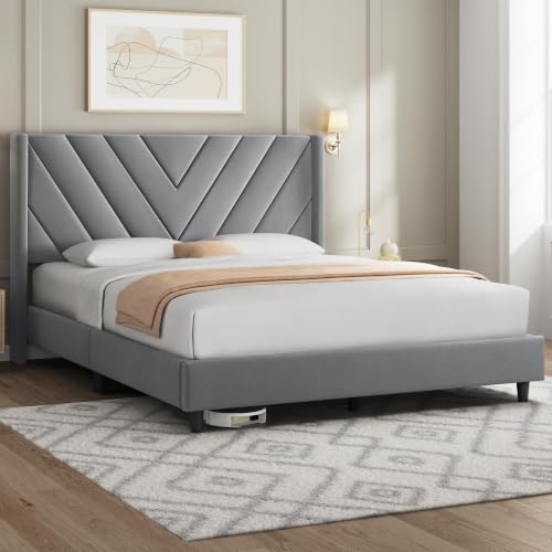 Image of Yaheetech Queen Bed Frame Upholstered Platform Bed /Wooden Slat Support /Tufted Headboard with Wing Side /Mattress Foundation /No Box Spring Needed,Light Grey Queen