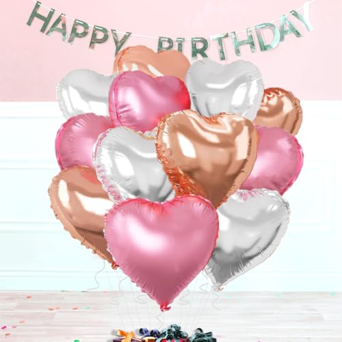 Wuhetyo Rose Gold & Silver Heart Balloons，18 Inch Light Pink Foil Love Heart Shaped Balloons for Birthday Party Bridal Engagement Wedding Anniversary Baby Shower Valentines Decorations 12Pcs