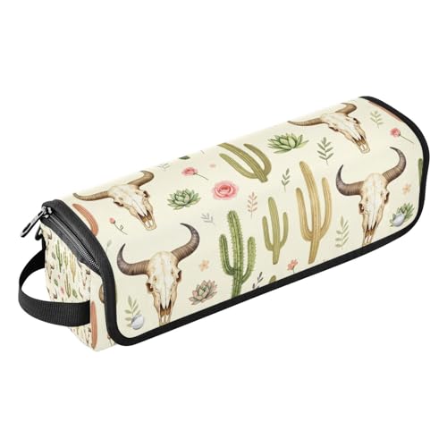 Organizador para herramientas de cabello 2 en 1 y alfombrilla resistente al calor con cierre impermeable para planchas y accesorios de cuidado capilar con diseño de calavera de toro occidental y cactus miniatura 1