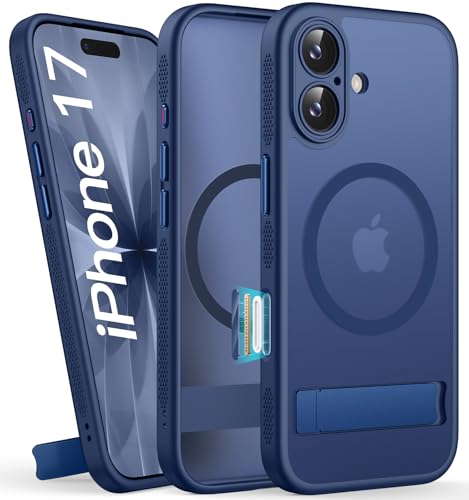 SIXBOX Coque Fine pour iPhone 17, Protection Militaire, Compatible avec MagSafe, Coque avec Béquille, Protection Camera, Bouton Camera Control, Housse Silicone Antichoc Translucide Mat iPhone 17, Bleu