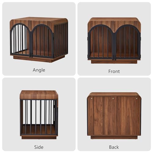 31.5" Fluted Wooden Dog Crate Furniture, Mid-Century Modern Indoor Dog Kennel Dogs Cage for Small/Medium Dogs, Heavy Duty Dog Crates Decorative Pet House for Living Room, Walnut - Image 5