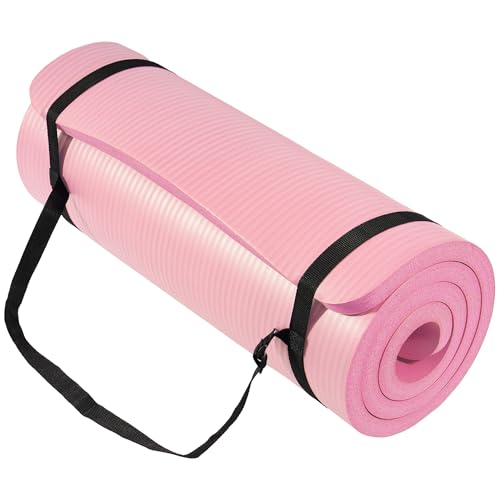 Signature Fitness Yoga Mat,Pilates & Exercise Mat,Extra Thick 1" High-Density Foam Workout Mat with Easy-Cinch Carrying Strap for Home & Gym Workouts,Pearly Pink