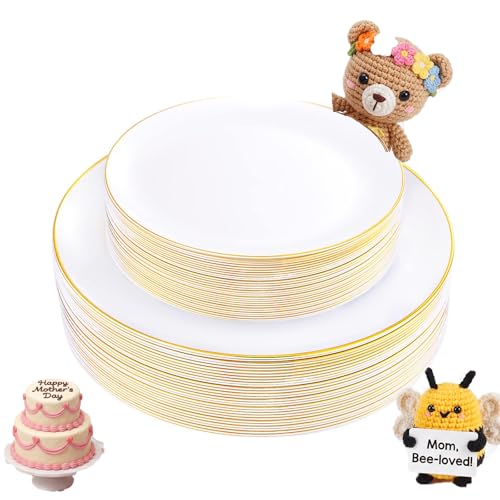 KIRE 60PCS Gold Plastic Plates - Heavy Duty White Disposable Plates with Gold Rim - Include 30Pieces 10.25inch Dinner Plate and 30Pcs 7.5inch Dessert Plate for Wedding/Mother's Day/Spring/Graduation