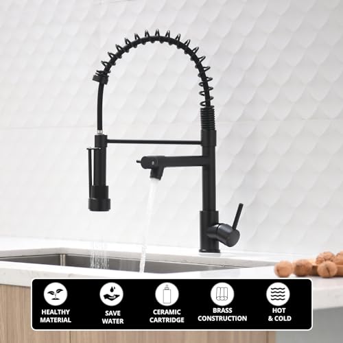 Image of AIMADI Black Kitchen Faucet with 2 Function Sprayer,Commercial Stainless Steel Single Handle Single Hole Spring Matte Black Kitchen Faucet