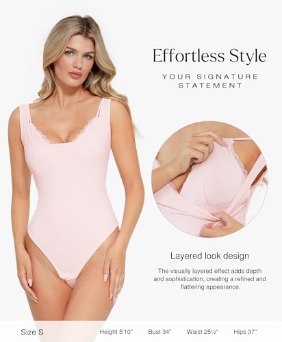 Popilush Body Suits for Womens Tummy Control - Modal Soft Shapewear Bodysuit Lace Layered Bra Going Out Tops3