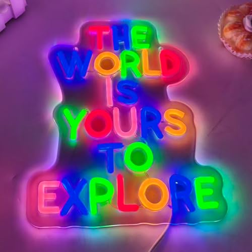 Image of The World Is Yours To Explore LED Neon Sign, Inspirational Travel Quote Neon Lights for Wall Decor, Classroom, Bedroom, Office, Study Room, Adventure, Party, Gifts for Travelers and Students