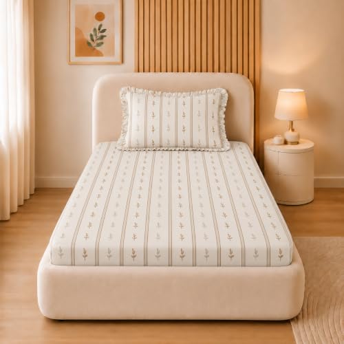 Image of VOMZER Single (36x72) 300 TC Soft Cotton Feel Microfiber All Around Elastic Fitted Single Bedsheet with 1 Frill Pillow Covers | Ivory Gold Stripe