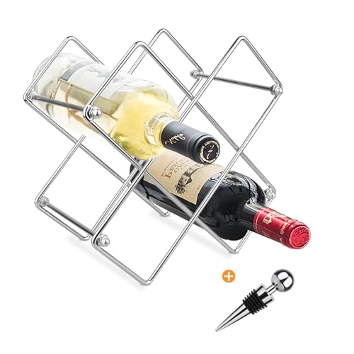 Tabletop Wine Rack, Geometric Countertop Wine Holder, Metal, Capacity - 6 Bottle (Silver) (Give Wine...