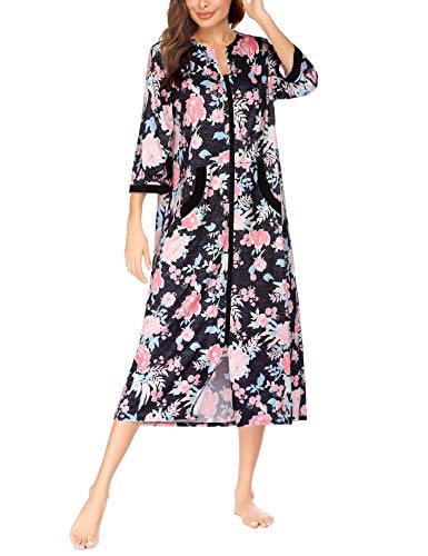 Image of Ekouaer Women Zipper Robe 3 /4 Sleeves Loungewear Dress Full Length Sleepwear Pockets Housecoat Nightgown Long Bathrobe