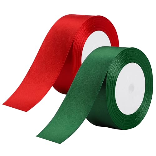 Image of woric Christmas Ribbon 1 1 /2 Inch 2 Rolls 60 Yards Green Red Polyester Satin Ribbon Holiday Ribbons for Gift Wrapping Crafts Wreath Christmas