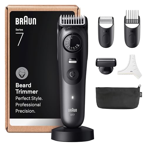 Braun Beard Trimmer Series 7, +7 Barbering Tools, Mens Beard Trimmer with Lifetime Sharp ProBlade, Up to 120 Min Runtime, 40 Lengths, Waterproof, PrecisionWheel & Lock, BT7525, Grey