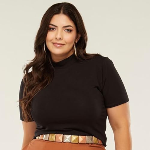 Kit 3 Blusas Femininas Malha Viscolycra Plus Size, Modelagem Justa, Manga Curta, Gola Alta (BR, Alfa