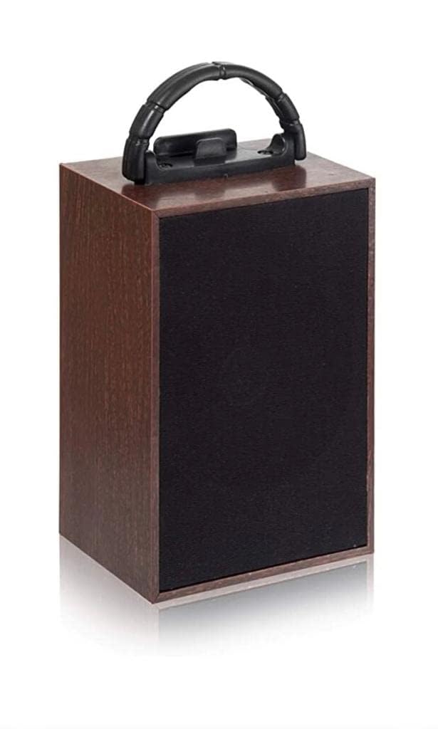Premium Wooden Portable Bluetooth Speaker, 10W RMS Stereo Sound, Brown Wood Finish with Black Fabric Front, Built-in Handle