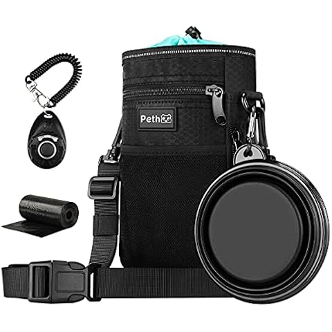 Pethee Dog Training Treats Pouch, Reflective Pet Dog Treat Bag with Poop Bag and Built-in Dispenser, Collapsible Bowl, Clicker, Water Resistant Easy-to-Clean Liner Design, 3 Ways to Wear (Blue) Cover