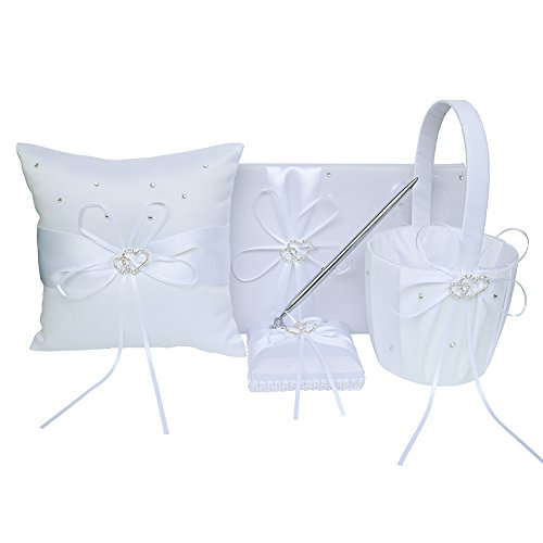 Arksu 4Pcs Wedding Sets Flower Girl Basket + Ring Bearer Pillow + Guest Book With Pen + Pen Set Holder For Rustic Bridal Wedding Shower Ceremony Anniversary-White #TOP13