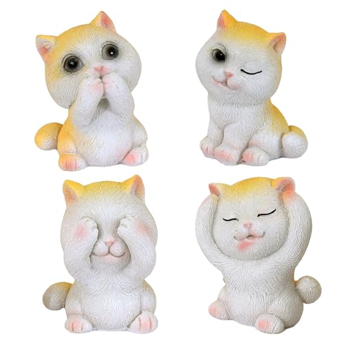 Cortina 4 Pcs White Yellow Cute Cat Miniature Figurines Showpiece For Him/Her, Home Decor, Table, Car Dashboard, Bedroom,Cake Decoration Items | Birthday Return Gift, Festive Decor (Multicolor)