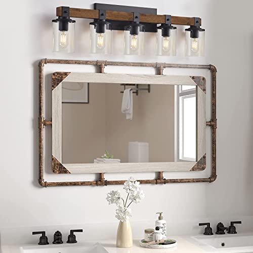 Image of DUJAHMLAND Farmhouse Vanity Lights, 5-Light Wood Bathroom Wall Lighting with Clear Glass, Industrial Metal Wall Sconce for Bedroom, Kitchen, Hallway (Antique Wood, 5-Light)