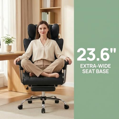 Image of Efomao Big & Tall Office Chair with Footrest, High-Back Leather Executive Desk Chair with Lumbar Support and Padded Armrests, Black