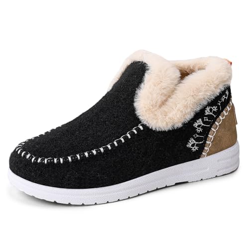 EGGDK Women's Winter Ankle Boots for Middle-Aged & Elderly Plush-Lined with Fleece Collar Slip-On Design Non-Slip Soft Sole - Warm Cozy Indoor/Outdoor Comfort Shoes (Black,8.5)