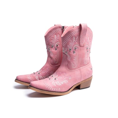 Image of Cusolemore Cowboy Boots for Women, Cowgirl Boots with Sparkly Embroidered Rhinestones, Short Western Ankle Boots for Women with Side Zipper Pull On