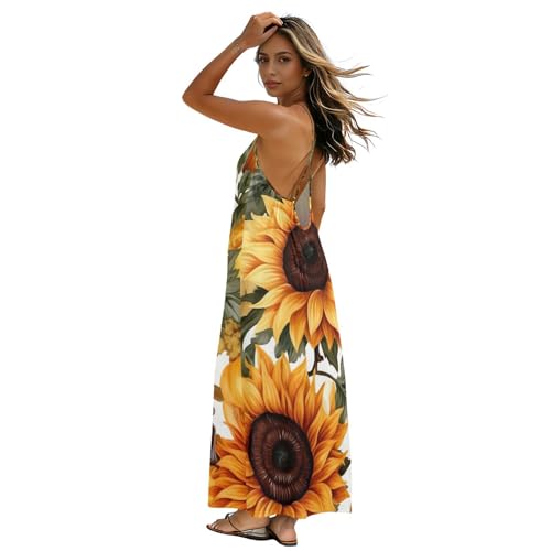 Robe d'été à bretelles motif tournesol et citrouille avec dos ouvert pour femme
