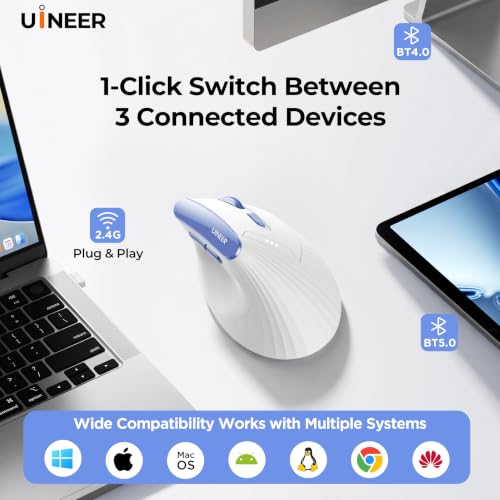 Uineer Vertical Ergonomic Mouse, Wireless Bluetooth Mouse, 3-Device,Quiet | Rechargeable multi-device wireless Bluetooth mouse, ergonomic vertical design relieves wrist fatigue, 4-level DPI up to 2400 - image 4
