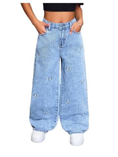 Girl's Bow Embroidered Baggy Jeans Y2k High Waisted Wide Leg Denim Pants Streetwear