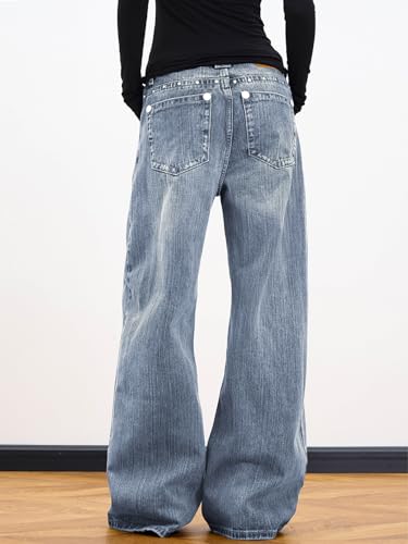 Image of EMMIOL Women Hip Hop 90s Vintage Baggy Jeans Denim Pants Mid Waist Jeans