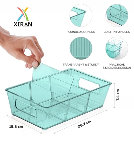 Image of Xiran Fridge Storage Boxes Organizer Bins, 3 Partition Stackable Fridge Storage Basket, Plastic Freezer Storage Containers for Fish, Meat, Vegetables, Fruits (Pack of 2, Green)
