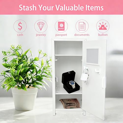 Image of Mini Locker with Lock Key Stickers Box Metal Small Locker Mini Locker Miniature Storage Girls Lockbox Desktop Storage Organizer for Cash Money Jewelry Safe Dollhouse Furniture Accessories (White)