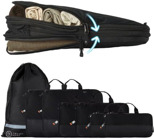 TRAVEL DUDE Packwürfel Set mit Kompression aus recycelten Plastikflaschen, Leichte Packing Cubes, Packtaschen Set für Rucksack und als Koffer Organizer, Zubehör (Schwarz, 7-teilige