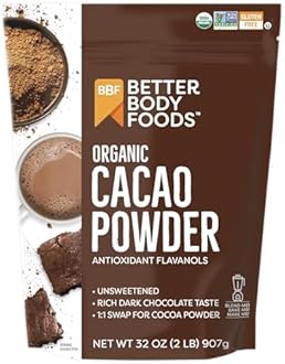 BetterBody Foods Organic Cacao Powder, Unsweetened, Rich Chocolate Flavor, Non-GMO, Gluten-Free, 32 Ounce, 2 lb bag