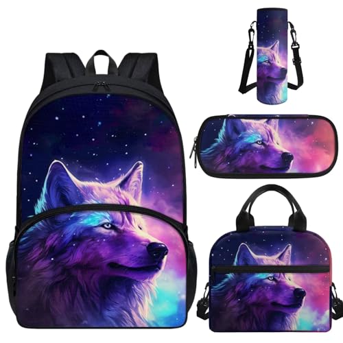 Luarisgur Mochila Wolf com lancheira, mochila escolar para meninos, 6 a 8 galáxias, conjunto para crianças do ensino fundamental e médio, mochila para livros, estojo, bolsa para garrafa de água