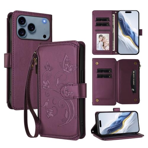 Étui portefeuille iPhone 14 Pro Max violet foncé avec fermeture éclair cuir magnétique