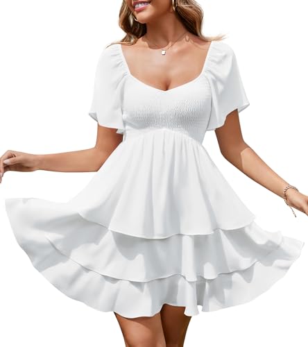 Florboom Women's Sweetheart Neckline Chiffon Dress Boho Smocked Tiered Flutter Sleeve Layered Mini Dresses