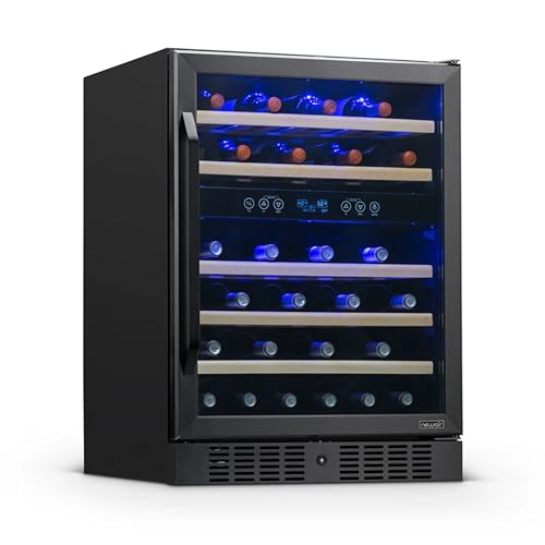 NewAir 24' Dual Zone Wine Fridge for 46 Bottles | Built-In or Freestanding Wine Cooler Refrigerator with Glass Door | Quiet Cooling & Adjustable Shelves for Red and White Wine | Black Stainless Steel