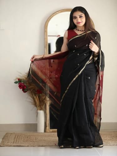 Image of Flosive Women's Chanderi Cotton Silk Saree in Dual-Tone Black & Maroon | Elegant Gold Zari Border with Butti Work | Traditional Saree with Unstitched Blouse Piece
